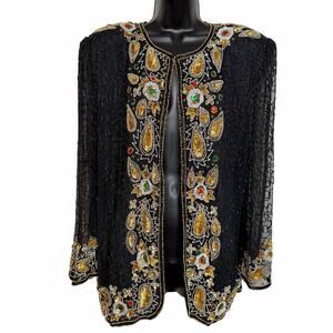 VINTAGE WILLOW BEADED SEQUIN SILK JACKET BLACK MULTICOLOR LONG BLAZER XL 12/14